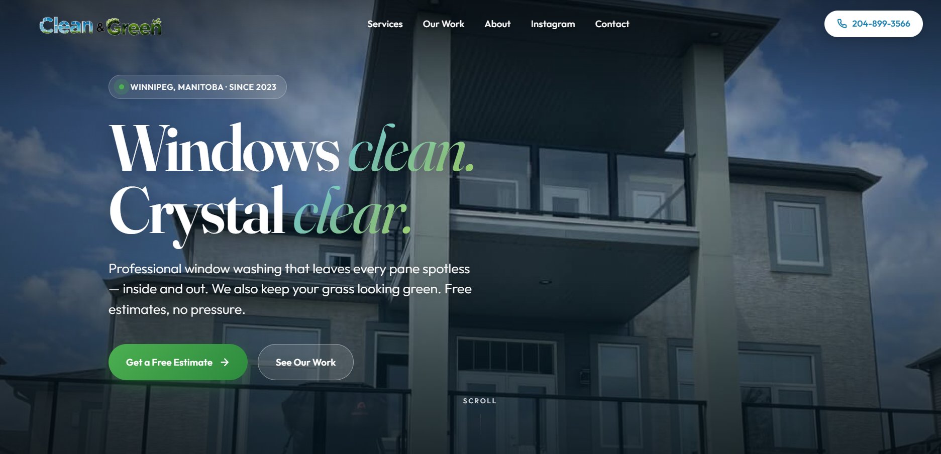 Clean and Green, a Winnipeg window washing site built by StoneWright